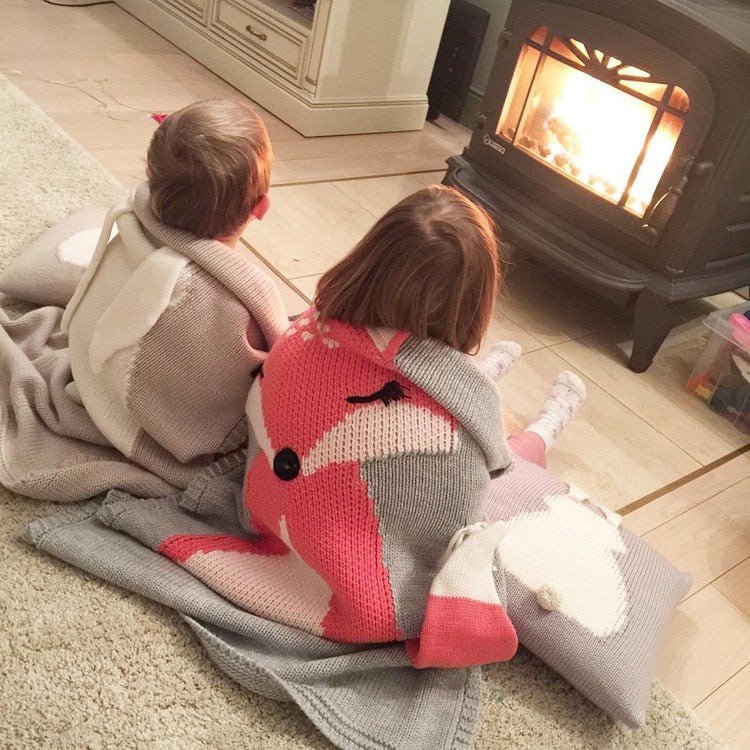 COTTON & BAMBOO KNITTED BLANKET/PLAID ANIMAL PATTERN