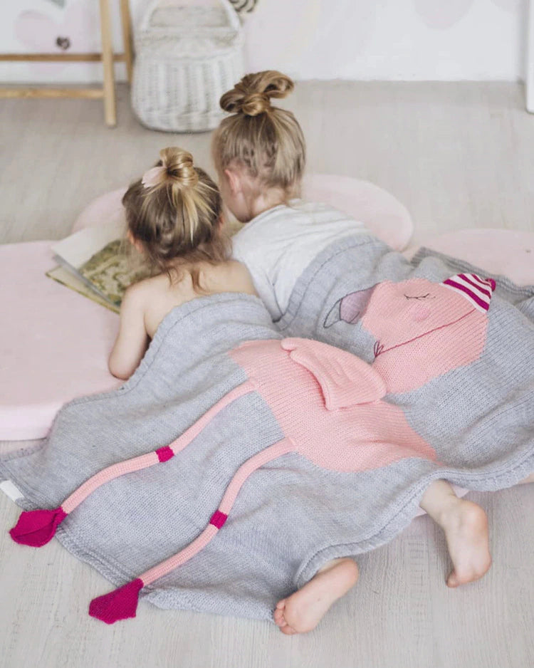 COTTON & BAMBOO KNITTED BLANKET/PLAID ANIMAL PATTERN