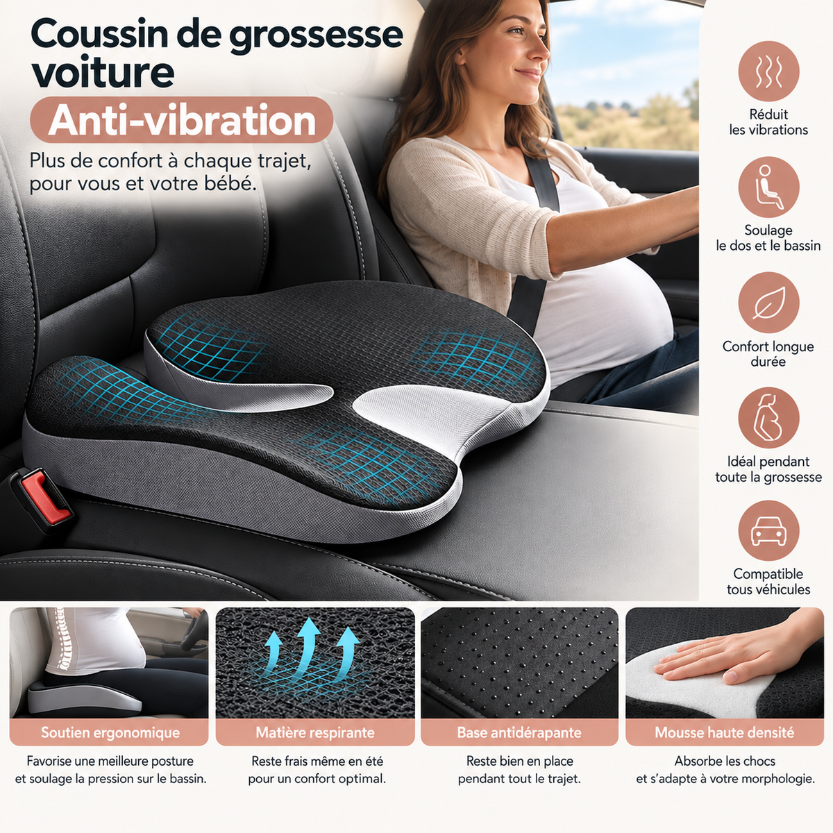 COUSSIN GROSSESSE ANTI-VIBRATION VOITURE/CHAISE DÉHOUSSABLE