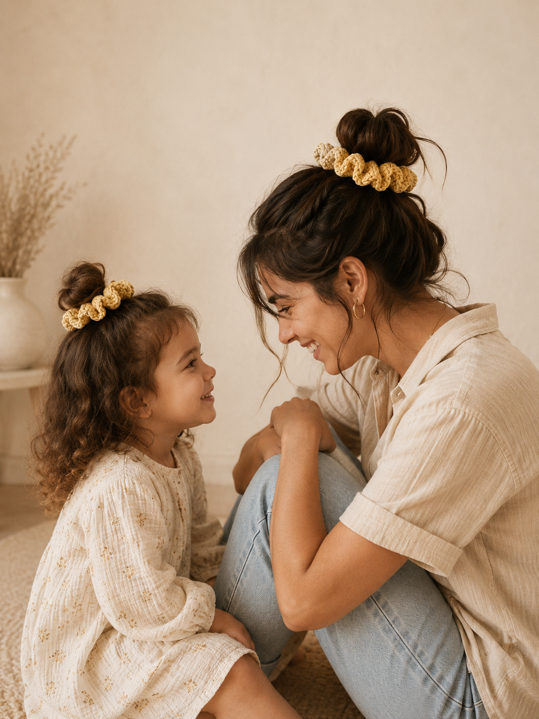 DUO CHOUCHOUS MAMAN/FILLE ASSORTI - FAIT MAIN CROCHET 100% COTON