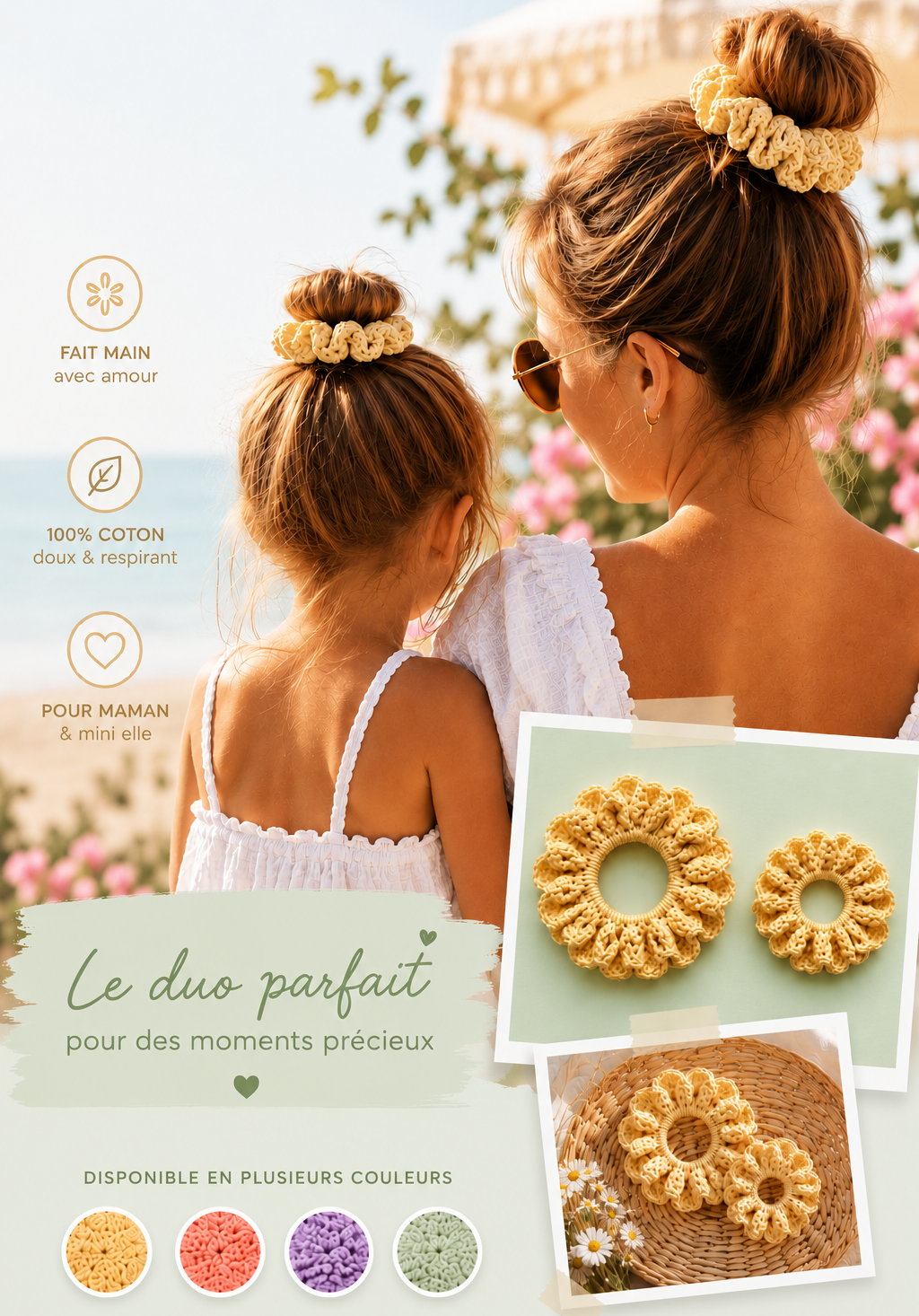 DUO CHOUCHOUS MAMAN/FILLE ASSORTI - FAIT MAIN CROCHET 100% COTON