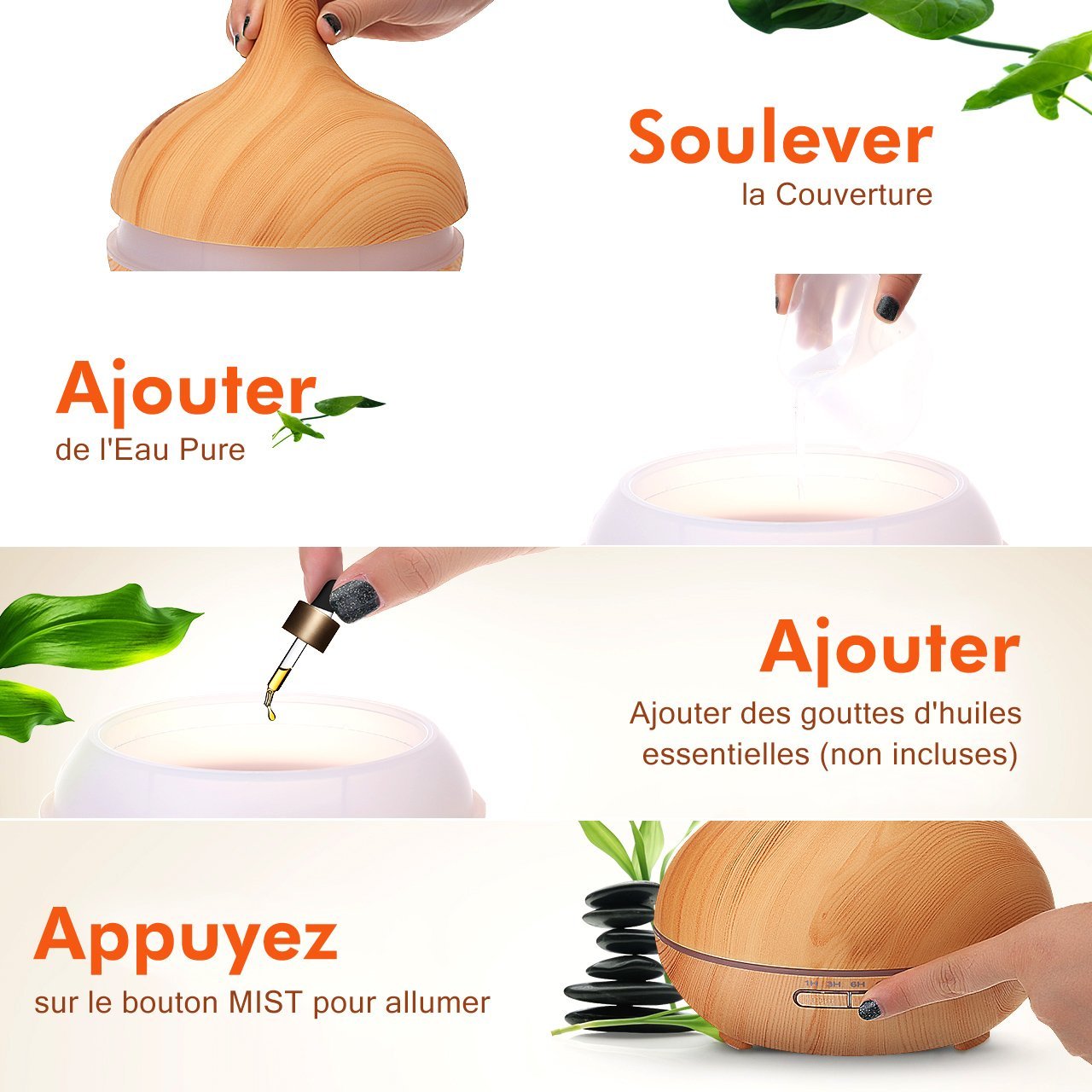 PETIT DIFFUSEUR BOIS HUILES ESSENTIELLES 400ML + TÉLÉCOMMANDE