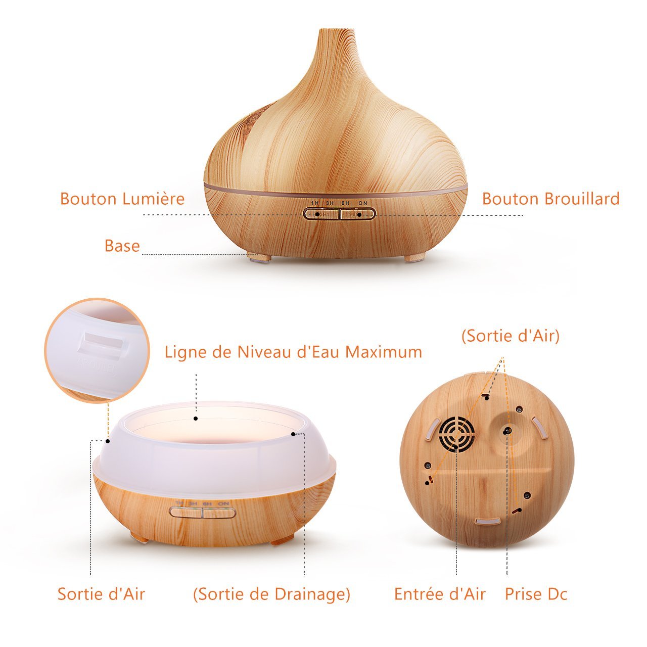 PETIT DIFFUSEUR BOIS HUILES ESSENTIELLES 400ML + TÉLÉCOMMANDE